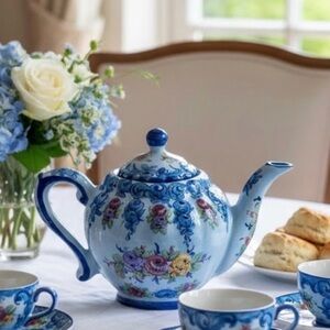 Vtg.Hand painted blue tea pot made in Portugal with pink yellow purple flowers.